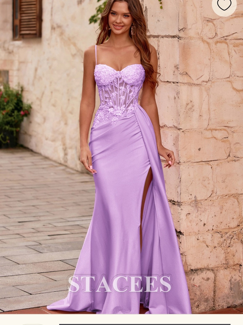 Stacees Lilac Lace Bustier Prom Gown with Side Slit